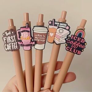 4 Random Cute Coffee Themed Gel Pens - Beige with Pink Accents